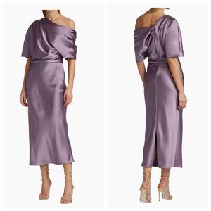 Amsale Lilac Satin Off-Shoulder Midi Dress